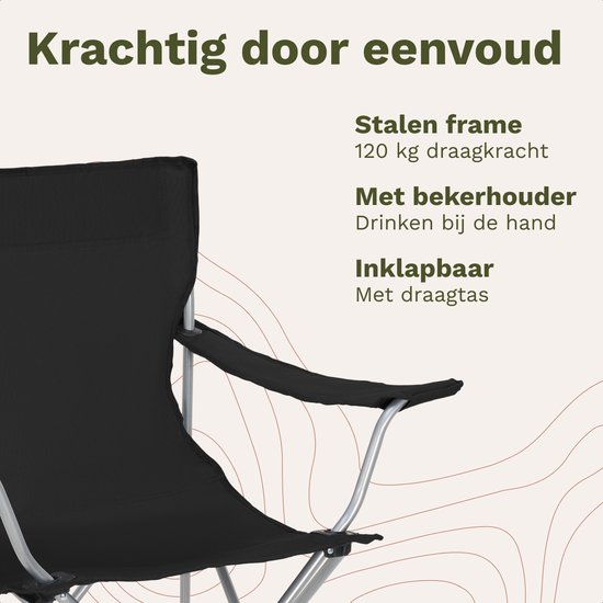 Zwarte klapstoel met zilverkleurig stalen frame, bekerhouder, draagtas en 120kg draagkracht.
