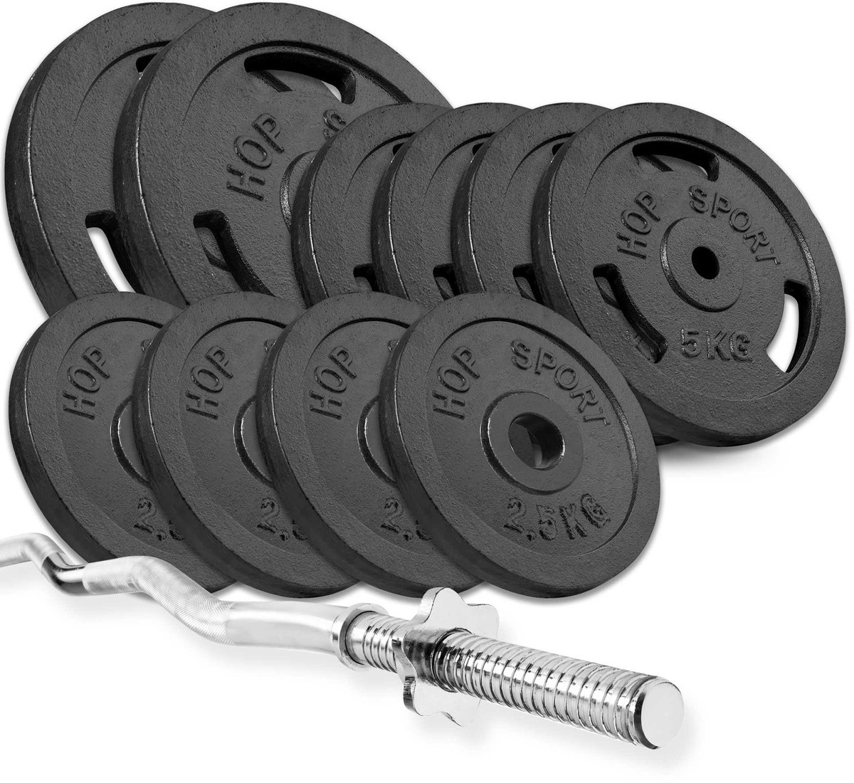 Hop Sport – Halterset 57 kg – SZ Curlstang 120 cm – Gietijzeren Halterschijven – 30 mm
