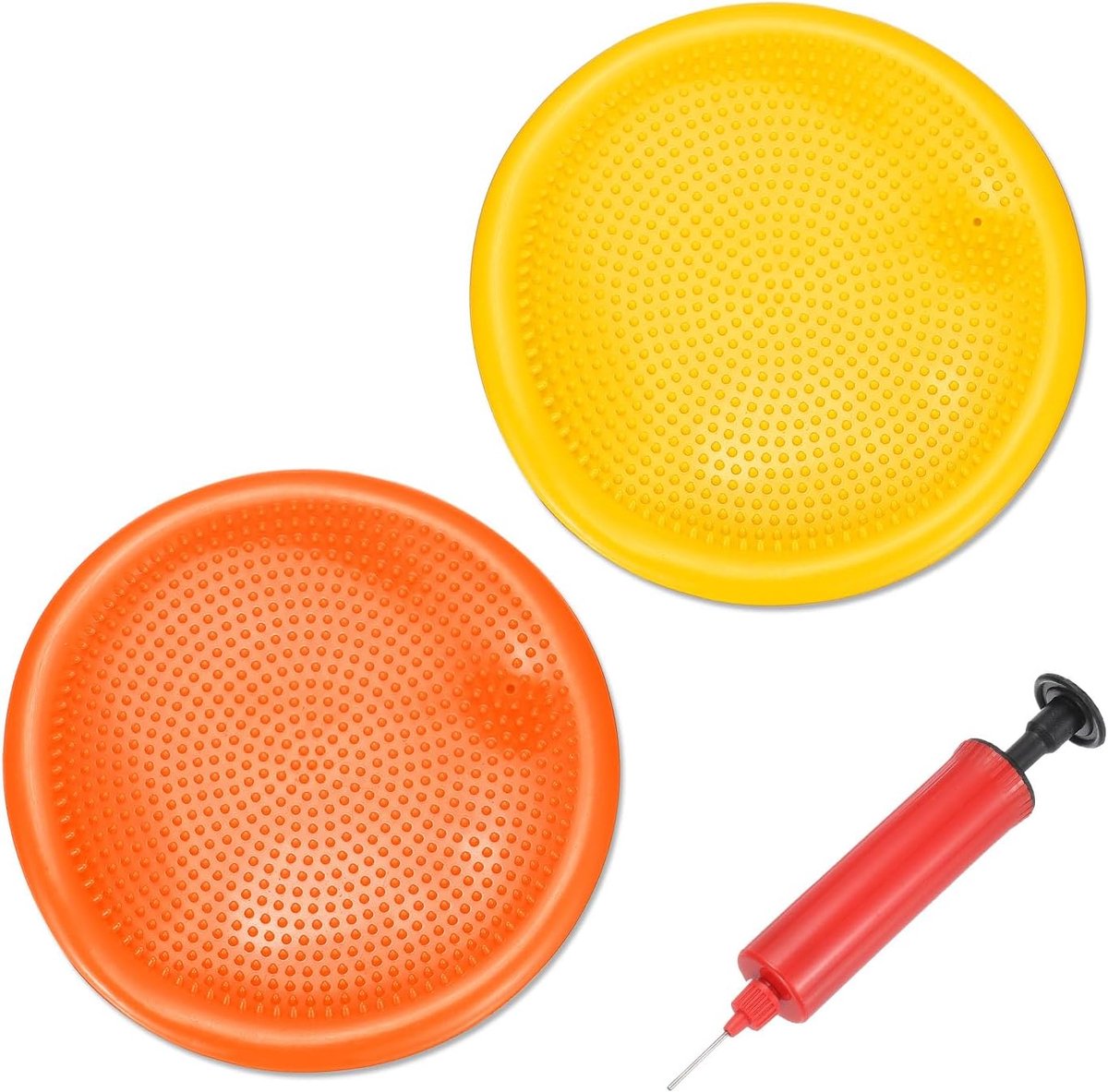 Wiebelkussen - Balanskussen - Balkussen - Komfortabel Zitten - Volwassenen en kinderen - Balansbord - Balance Board - Balanstrainer - Balansbal - Fitnessbal - Oranje en Geel - 33,5 cm - 2 Stuks met Handpomp - van Imperatoris