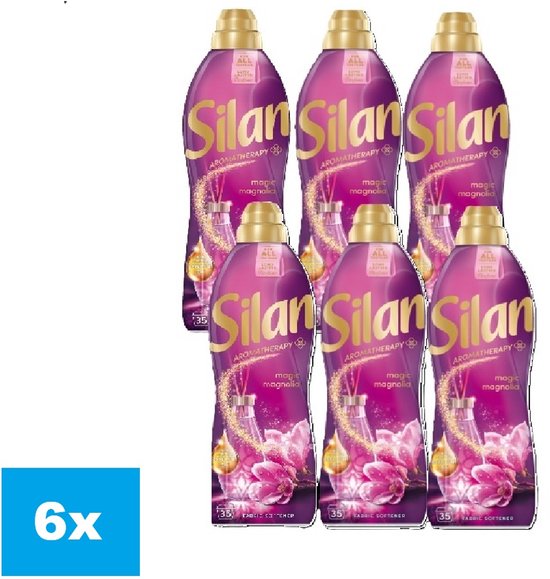 Six bouteilles d'adoucissant Silan Aromatherapy Magic Magnolia, de couleur violette et dorée, 35 lavages par bouteille.