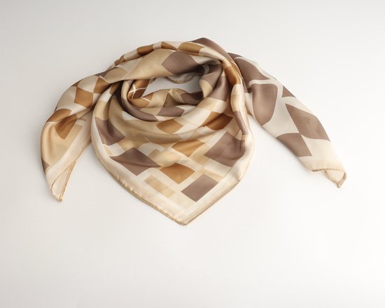 Camicia bandana- Dames sjaal- Vierkant- Halsdoek- Sjaaltje- Imitatie zijde- 70x70cm- Geografische print- Bruin wit