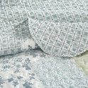 Close-up van een blauwgroene quilt met patchwork van bloemenprints en ruitpatronen.