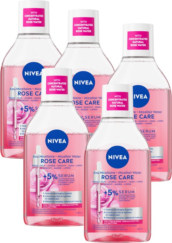 Voordeelverpakking met vijf flessen Nivea Rose Care micellair water, elk 400ml.
