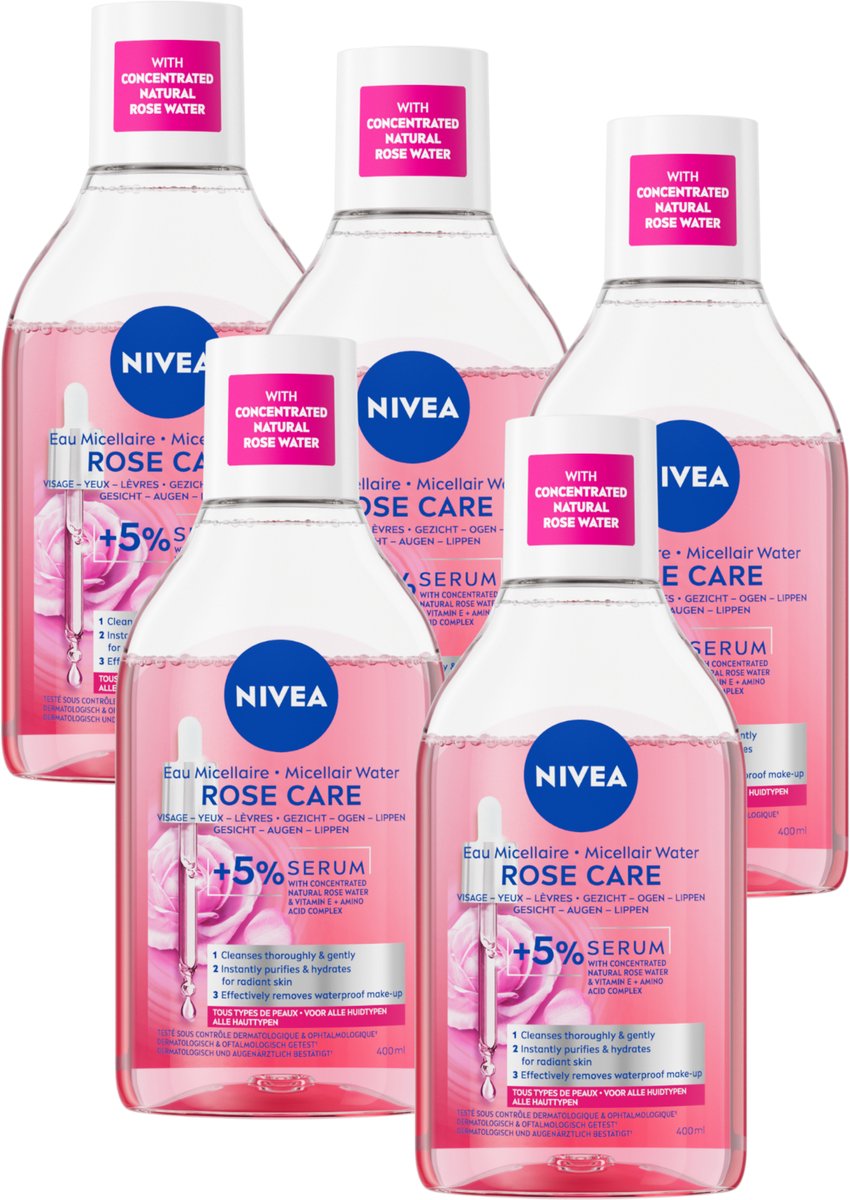 NIVEA Rose Care Micellair Water voor Gezicht & Ogen - met Bio Rozenwater & Serum - Cleanser - Make up Remover - Reinigingswater- Voordeelverpakking - 5x 400ml