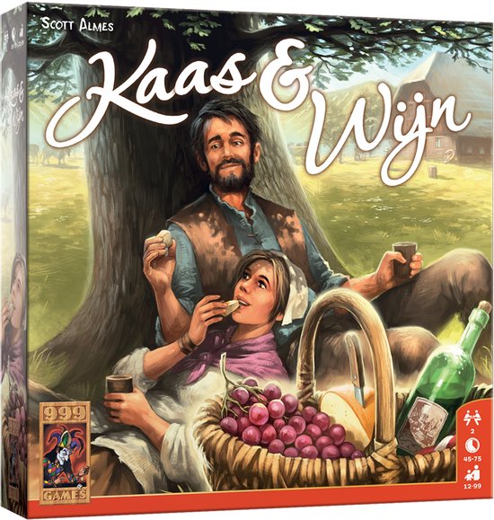 De doos van het bordspel Kaas & Wijn toont een man en vrouw die in een boom zitten en kaas en wijn drinken met schapen op de achtergrond.