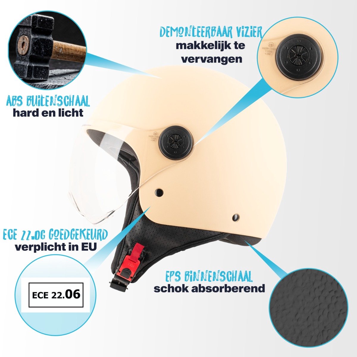 VINZ Duoro Scooterhelm voor Vrouwen - Motorhelm Dames - Jethelm met Vizier - ECE 22.06 Gekeurd - Mat Creme - M – foto 3