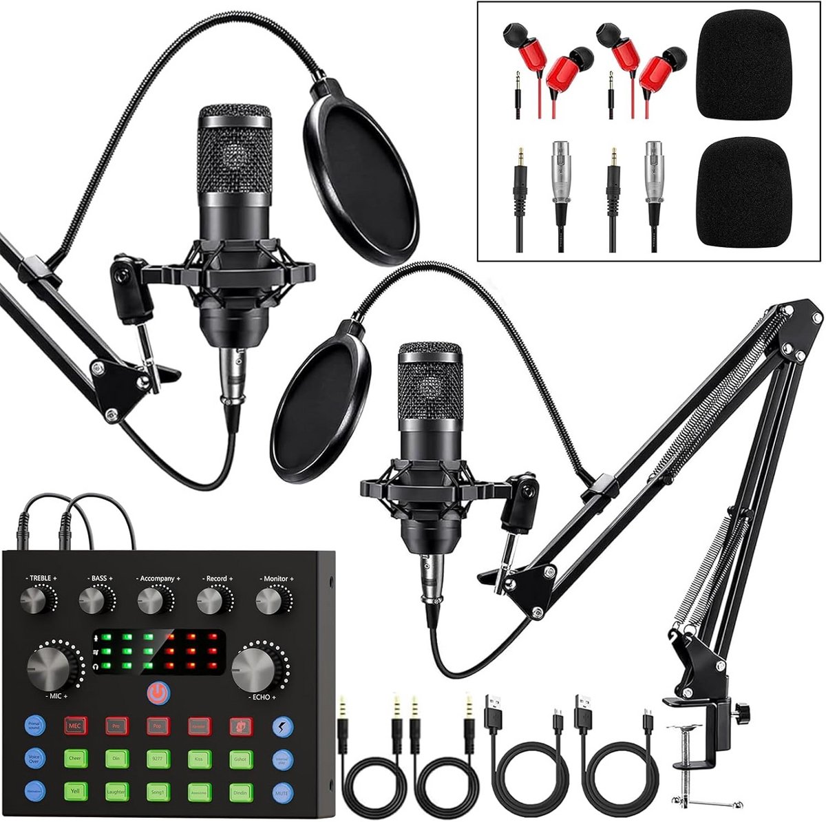 Complete Podcast Set: 2x Condensatormicrofoon, Geluidskaart en Accessoires