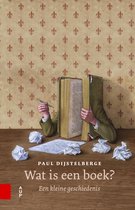 Een boek met op de kaft de titel 'Wat is een boek?'. Een man met zijn hoofd in het boek, met een pen in zijn hand.