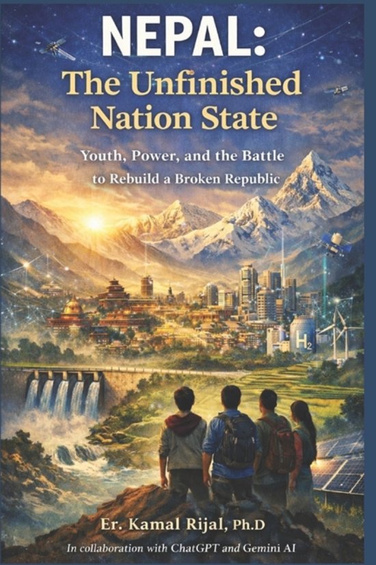 Boekomslag: "NEPAL: The Unfinished Nation State", met vier jongeren die uitkijken over een futuristische stad in de bergen, zonsopgang, satellieten en waterkracht.