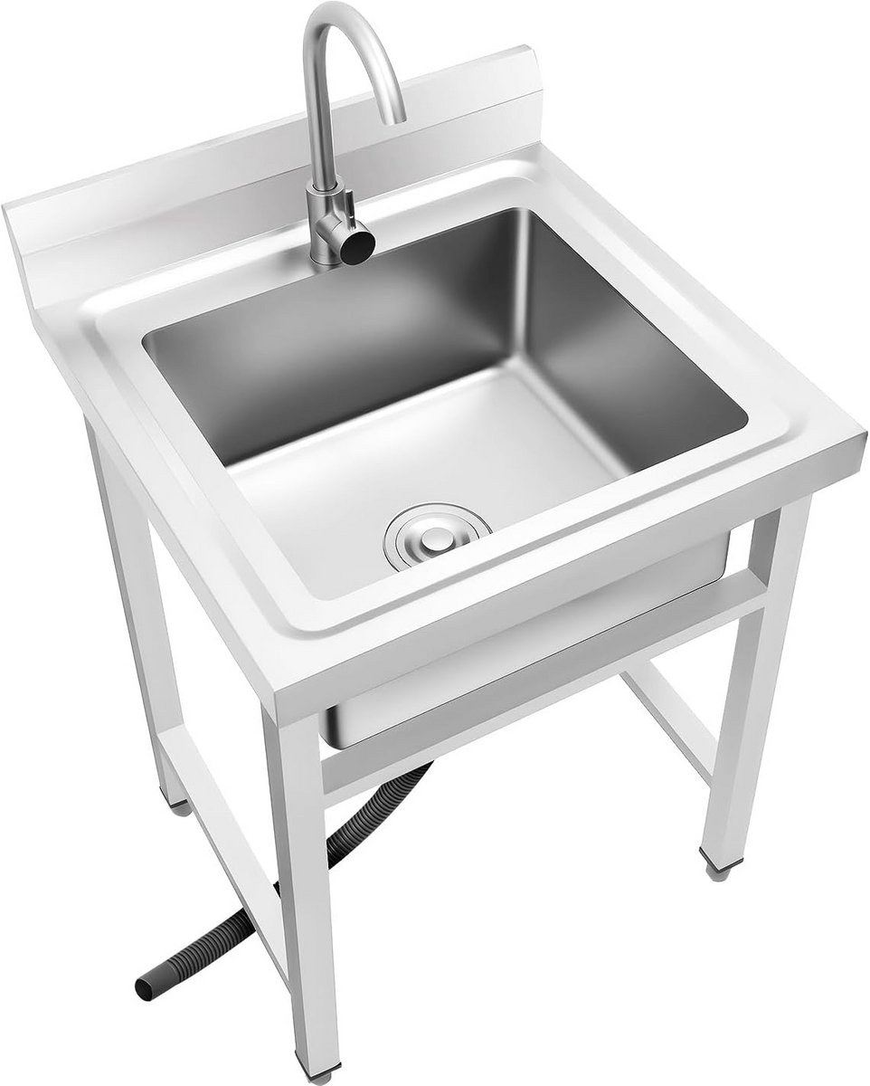 Vrijstaande spoelbak - Mobiele wastafel - Buiten koken - 360 graden kraan - 60 x 60 x 93 cm - Zilver