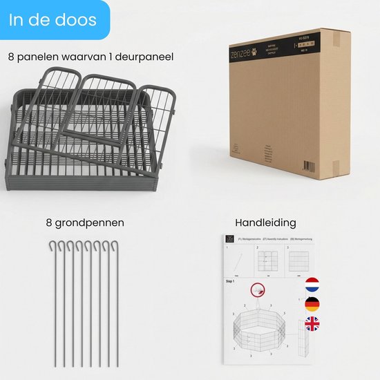 Inhoud van de doos: 8 panelen waarvan 1 deurpaneel, 8 grondpennen en een handleiding.