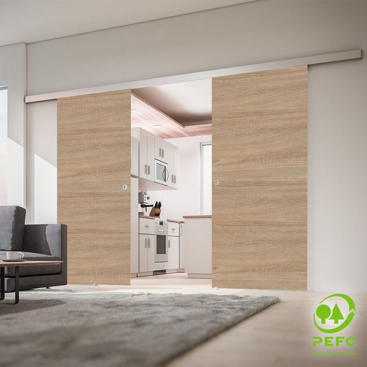 Schulte complete glazen dubbele schuifdeur - 176x203 - eiken decor -rond handgreep-dubbele softclose