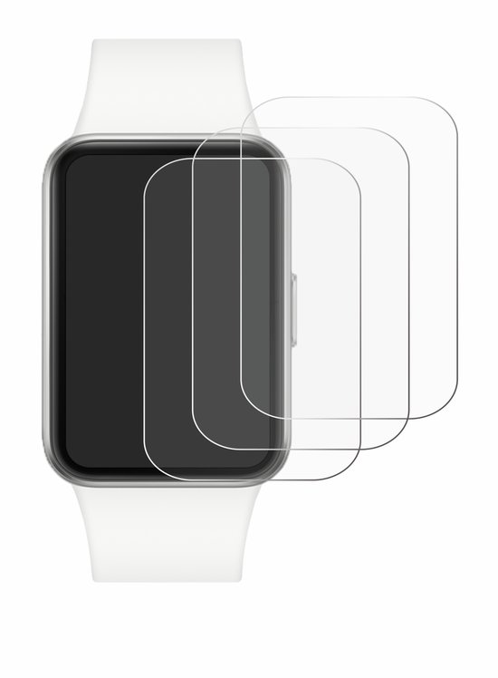 Witte smartwatch met 3 transparante screenprotectors erboven.