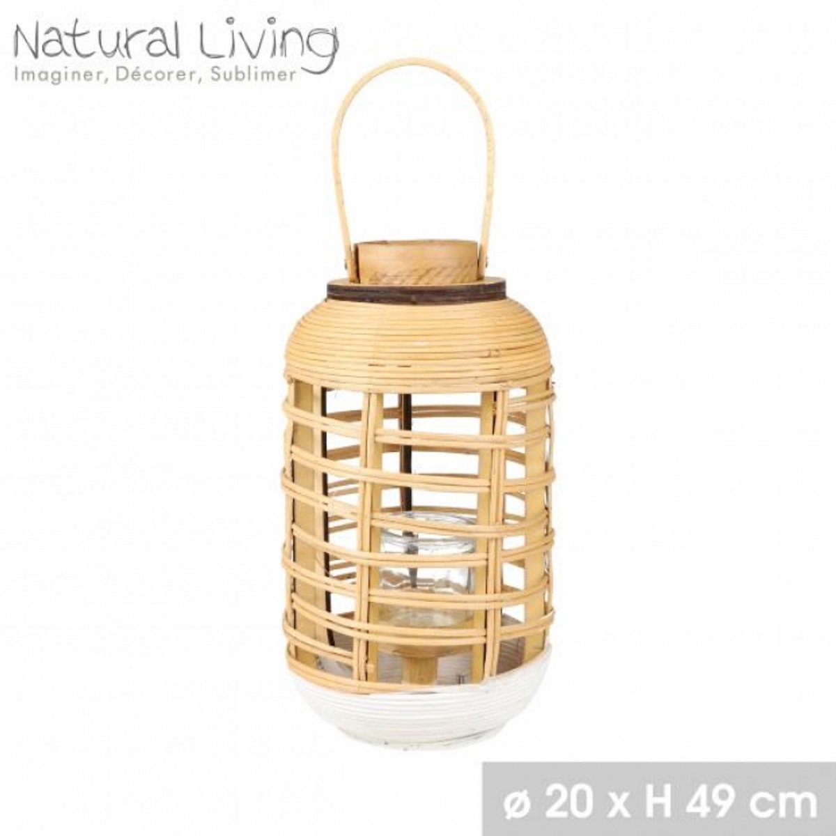 "NATURAL LIVING" Lantaarn ALEXA van rotan met glazen kaarshouder, Ø 20 x H 49 cm
