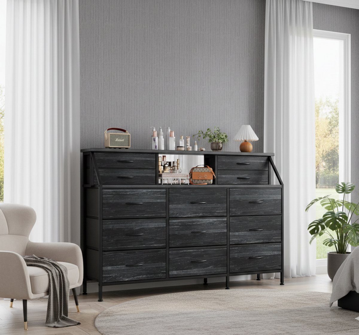 Luxe Opbergcommode 13 Laden – Grote Multifunctionele Commode met Stoffen Lade en Houten Planken – 140 cm Breed – Perfect voor Slaapkamer, Woonkamer, Hal – Grijs Eiken - House&Garden
