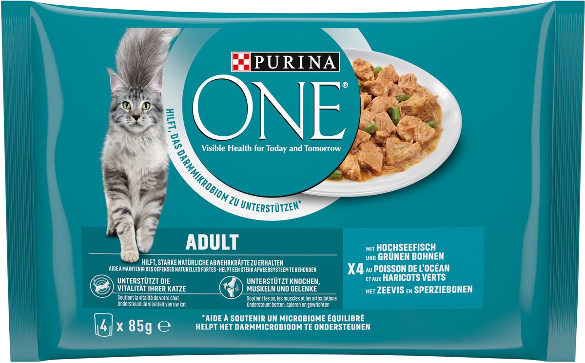 PURINA ONE Adult nat kattenvoer, malse stukjes in saus met vis (1 x 4 x 85g)