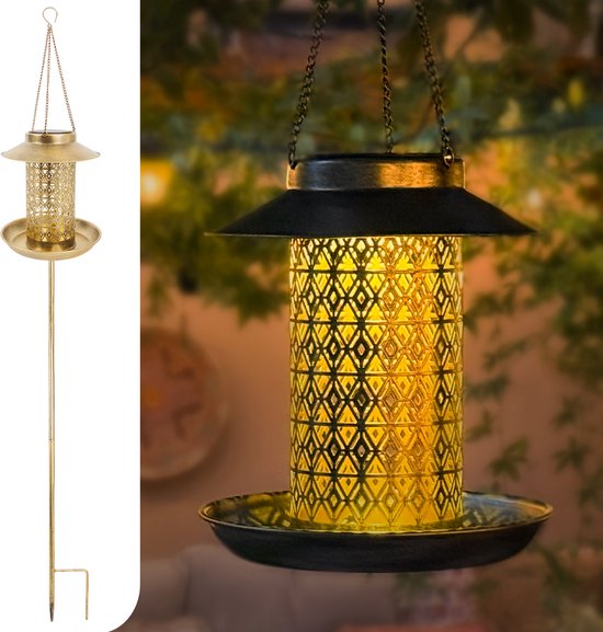 Gadgy Solar Tuinverlichting met Vogelvoederhuisje – Hangend of met Grondspies – Buitenverlichting op Zonneenergie - Goud – Waterdicht - Metaal - 87 cm