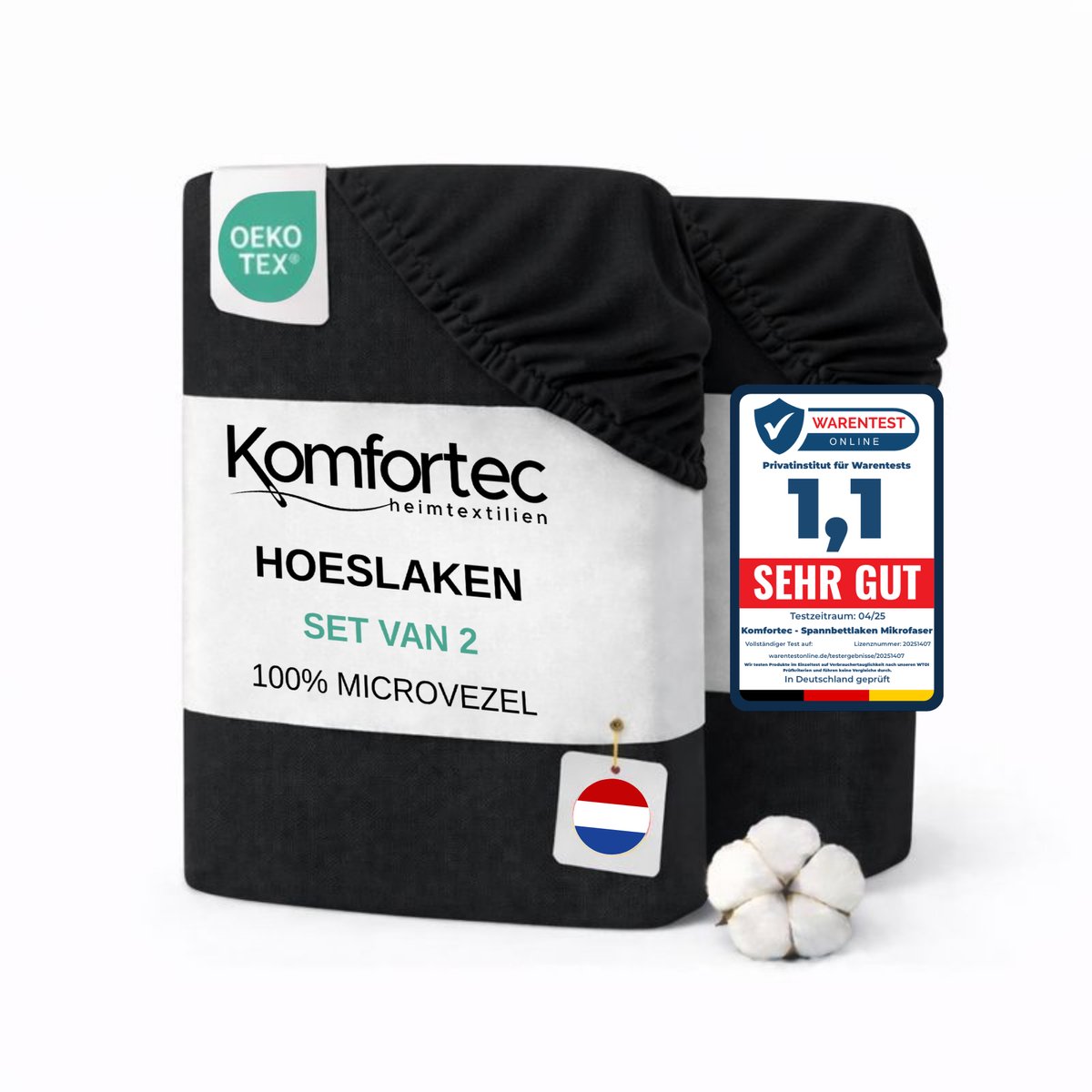 Komfortec Microvezel Hoeslaken set van 2 140x200 cm - 30cm Matrashoogte - Rondom Elastiek Zwart