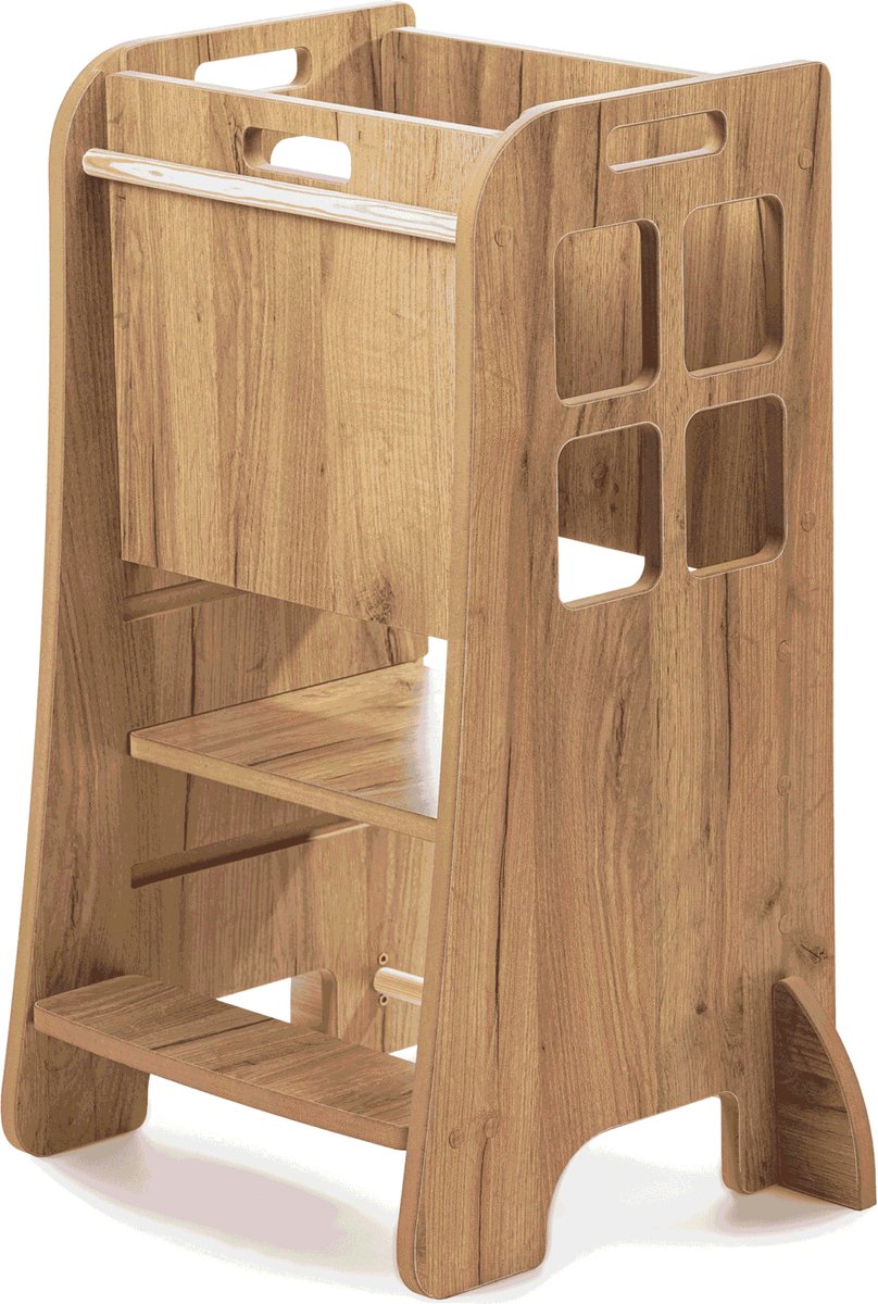 Woodforkids Leertoren met Raam - Verstelbaar in Hoogte - Gouden Eik - Montessori Keukentoren - EU Productie