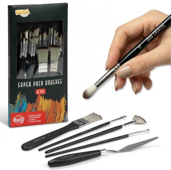 Ensemble de pinceaux 25 pcs - Pinceaux professionnels pour peinture acrylique, aquarelle et peinture à l'huile - Pinceaux fins et grandes brosses - Ensemble complet de pinceaux - Joya Creative
