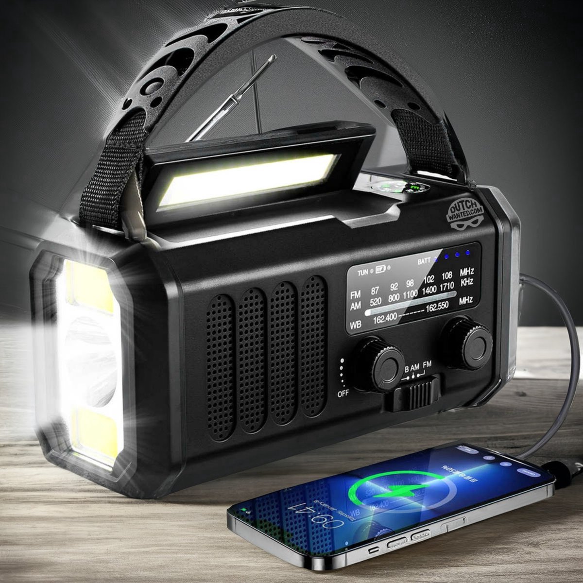 Dutch Wanted Noodradio - Solar Opwindbaar 10.000mAh - Opwindradio - MODEL 2025 - Solar powerbank Zonne-energie - Survival Noodpakket - Zaklamp Oplaadbaar - Noodpakket - Zwart