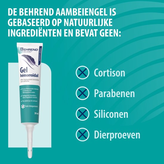 Flacon de Gel hémorroïdaire Behrend avec texte 'À base d'ingrédients naturels' et 'Ne contient pas de cortisone, parabènes, silicones, tests sur animaux'.