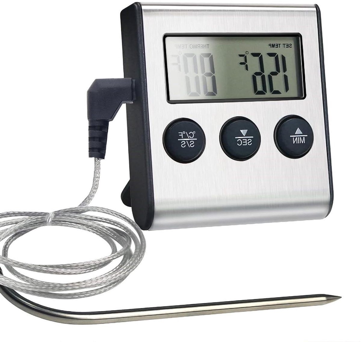 Grillthermometer met timer en roestvrijstalen sonde voor koken en braden