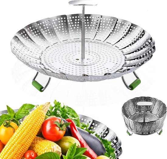 Stoommandje - Groentenstomer - Opvouwbare Stoommand - RVS - Vaatwasserbestendig - Stoomrek -Diameter 23.5 Cm - Stoombloem - Steamer Basket - Geschikt voor Groenten, Pannen En Verschillende Kookprocessen - Zilver - 1 Stuk