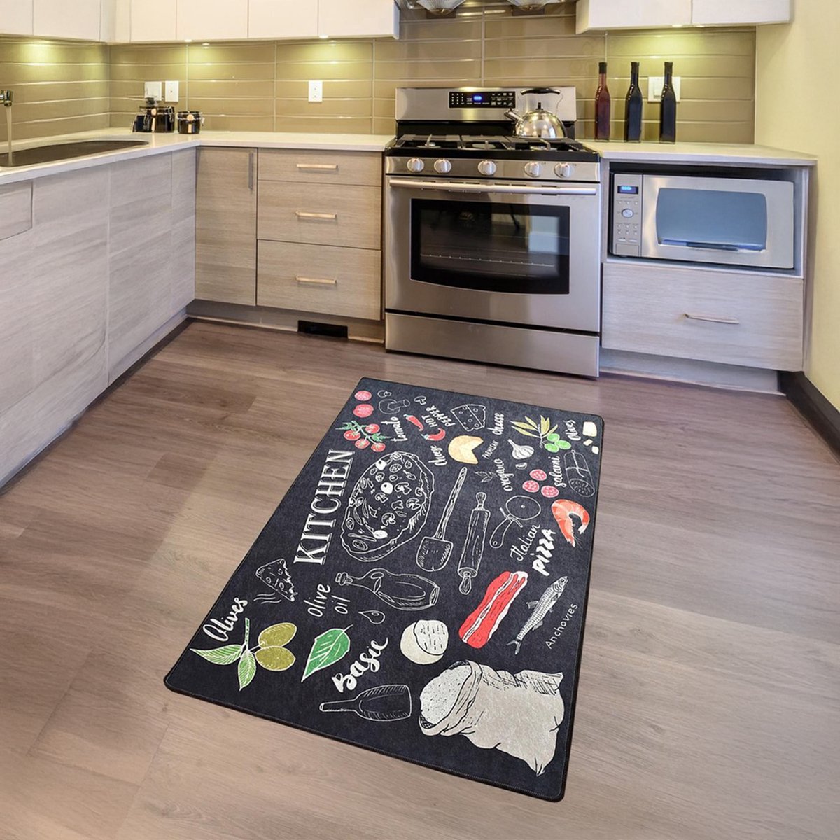 Bosdela keukentapijt Pizza Italiana 80x120 cm Wasbare keukenkleden - Vloerkleden - Keukentapijten - Keukenmatten - Keukenlopers zwart
