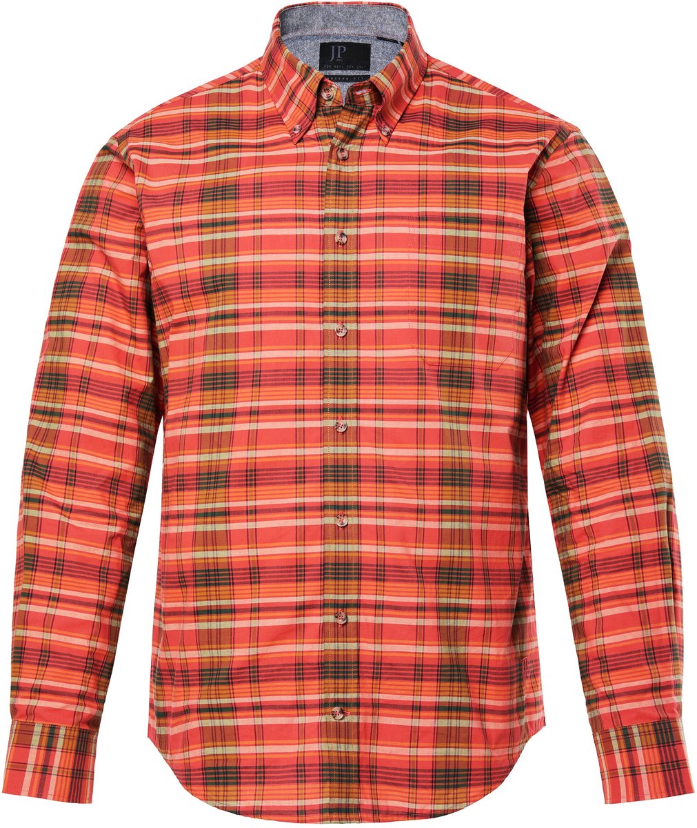 JP 1880 - Heren - Geruit overhemd lange mouwen buttondown kraag Modern Fit - Terra - Maat XL