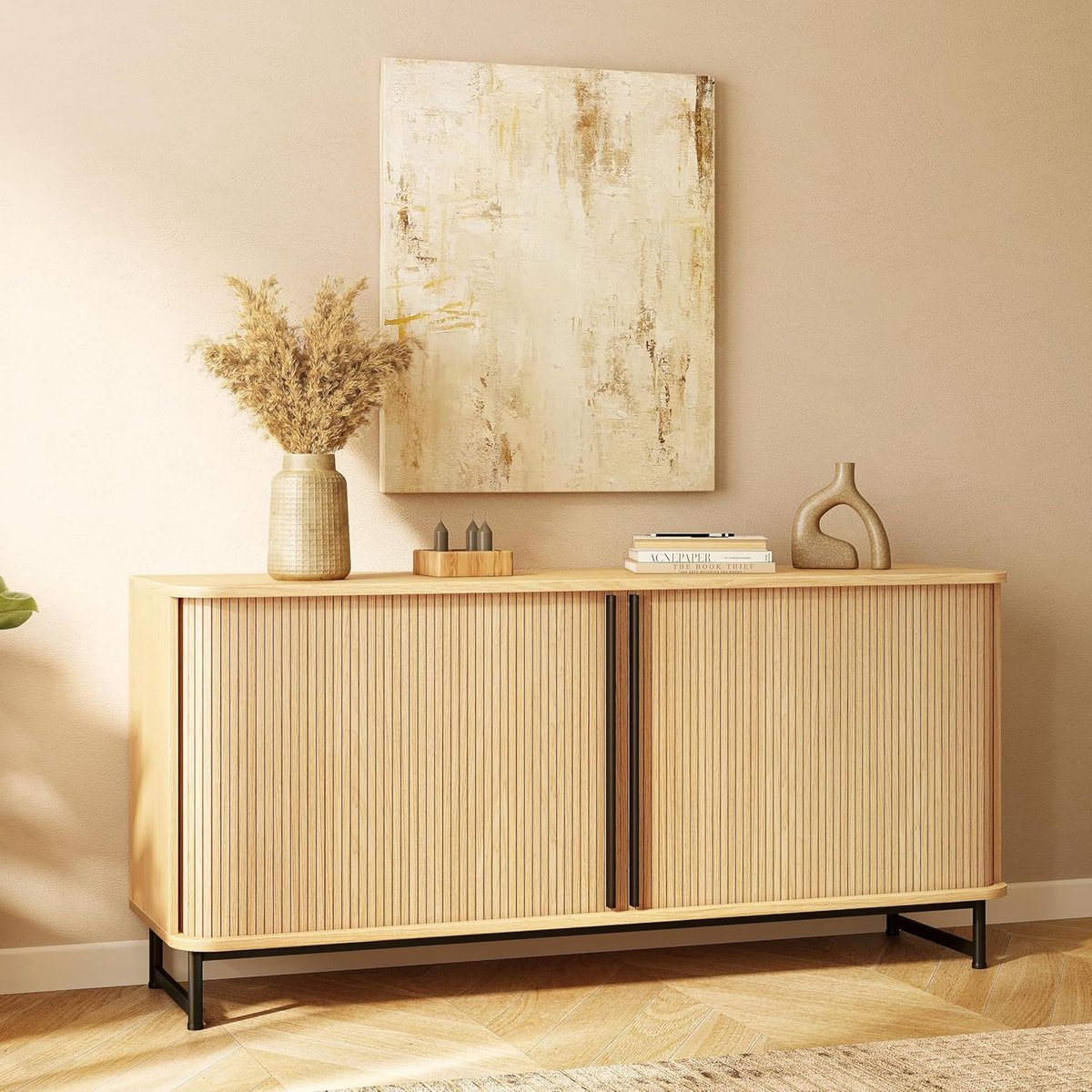 TV Lowboard Urbanhome Altivo – 160 cm hoge TV-kast en sideboard met 2 schuifdeuren en 4 opbergvakken – Eikenhout lowboard voor woonkamer, eetkamer of kantoor – Dressoir en TV-tafel, hoogte 75 cm