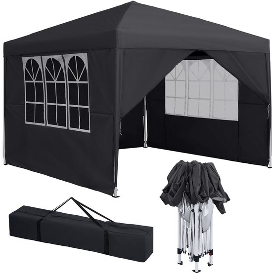 Opvouwbaar Tuinpaviljoen 3x3 m met Zijwanden – Spatschermend & UV-bestendig – Ideaal voor Tuinfeest, Camping, Markt, BBQ – Donkergrijs