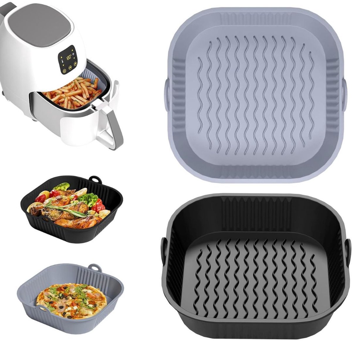 Airfryer Accessoires - Siliconen Bakje - Bakpapier - Grijs en Zwart