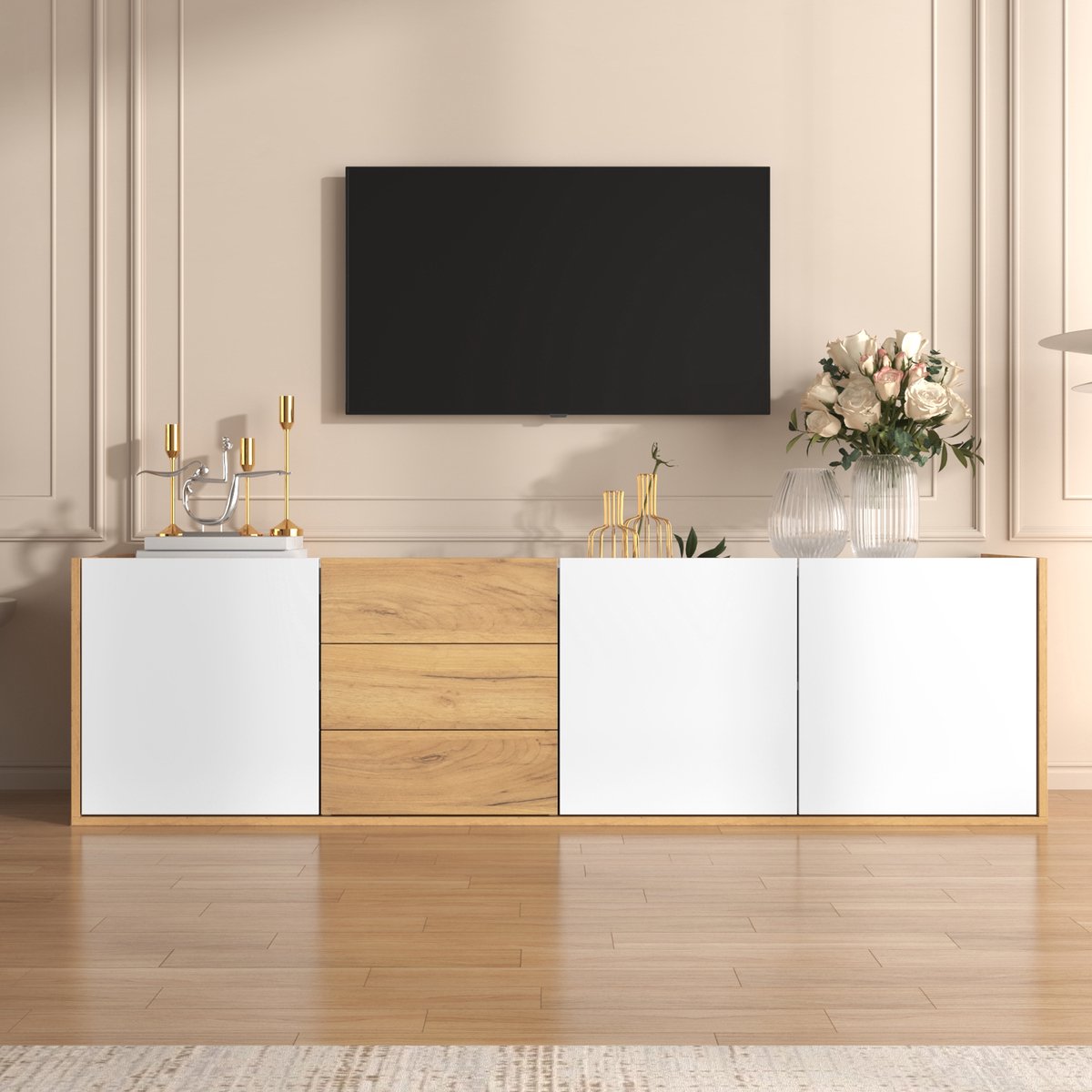 Clruro TV-meubel - Wandmontage of Staand - Flexibele Plaatsing - Modern Design - Hout - Wit en Natuur Wit, Hout