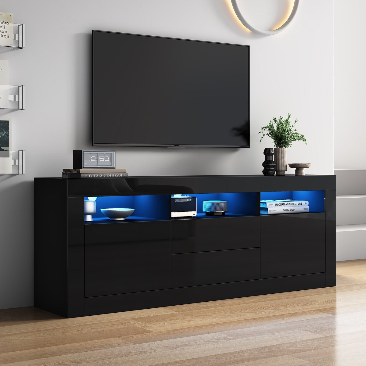 TV-meubel - 160x35x60 cm - Smart App LED en Hoogglans - Voor 70 inch TV - Hout - Wit