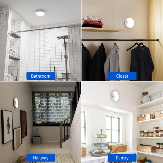 Collage van toepassingen voor de witte, ronde LED-plafondlamp in een badkamer, kast, gang en voorraadkamer.