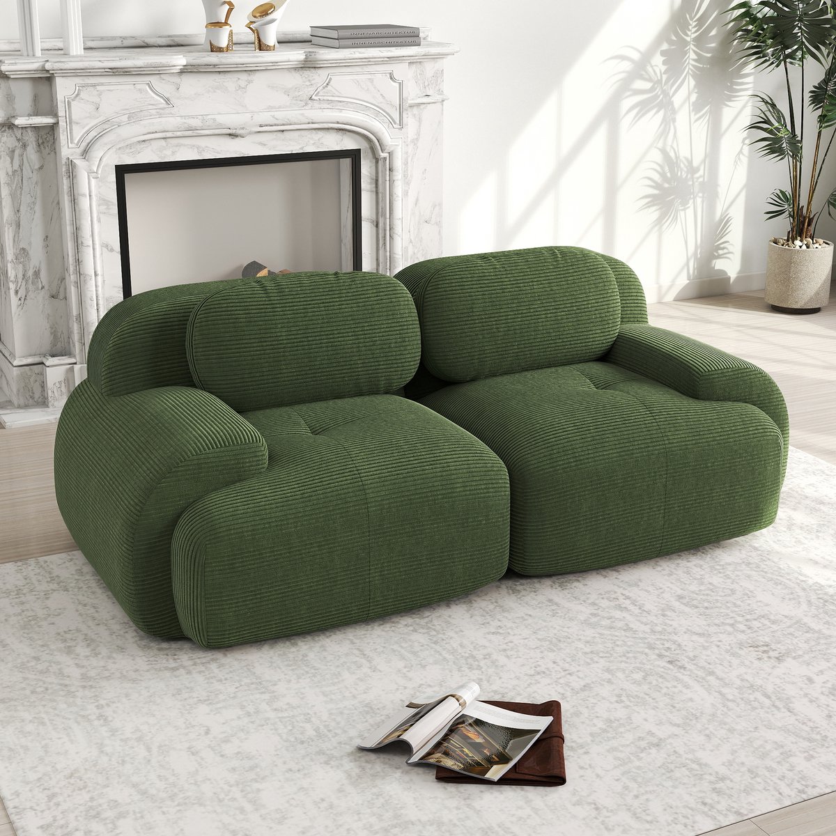 OKWISH Hoekbank 208 Cm - Modulaire Zitbank Met Gebogen Armleuningen - Antislip Onderzijde Voor Woonkamer Slaapkamer En Thuisbioscoop - Corduroy - Groen