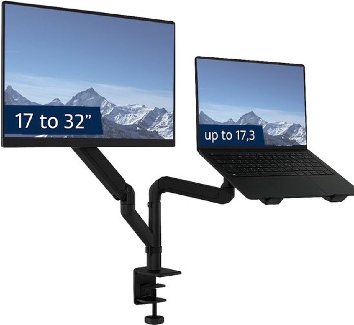 DESQ® Laptop Set Up - Dubbele Monitor Arm - 17-32" Scherm & Max 17.3" Laptop - Bureauklem + Bladdoorvoer - Wit