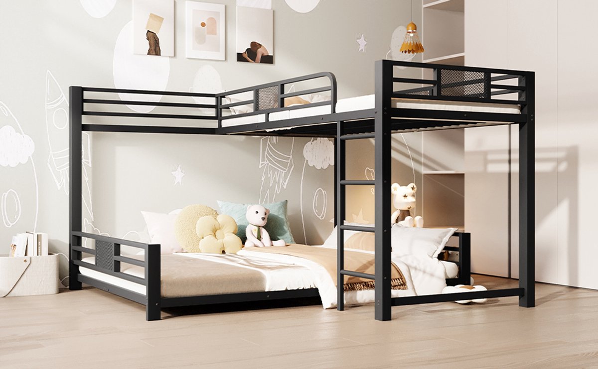 Zubaliya L-vormig metalen stapelbed, bovenste bed 90 x 200 cm, onderste bed 140 x 200 cm, zwart - 200 kg draagkracht - lattenbodem - voor slaapkamer
