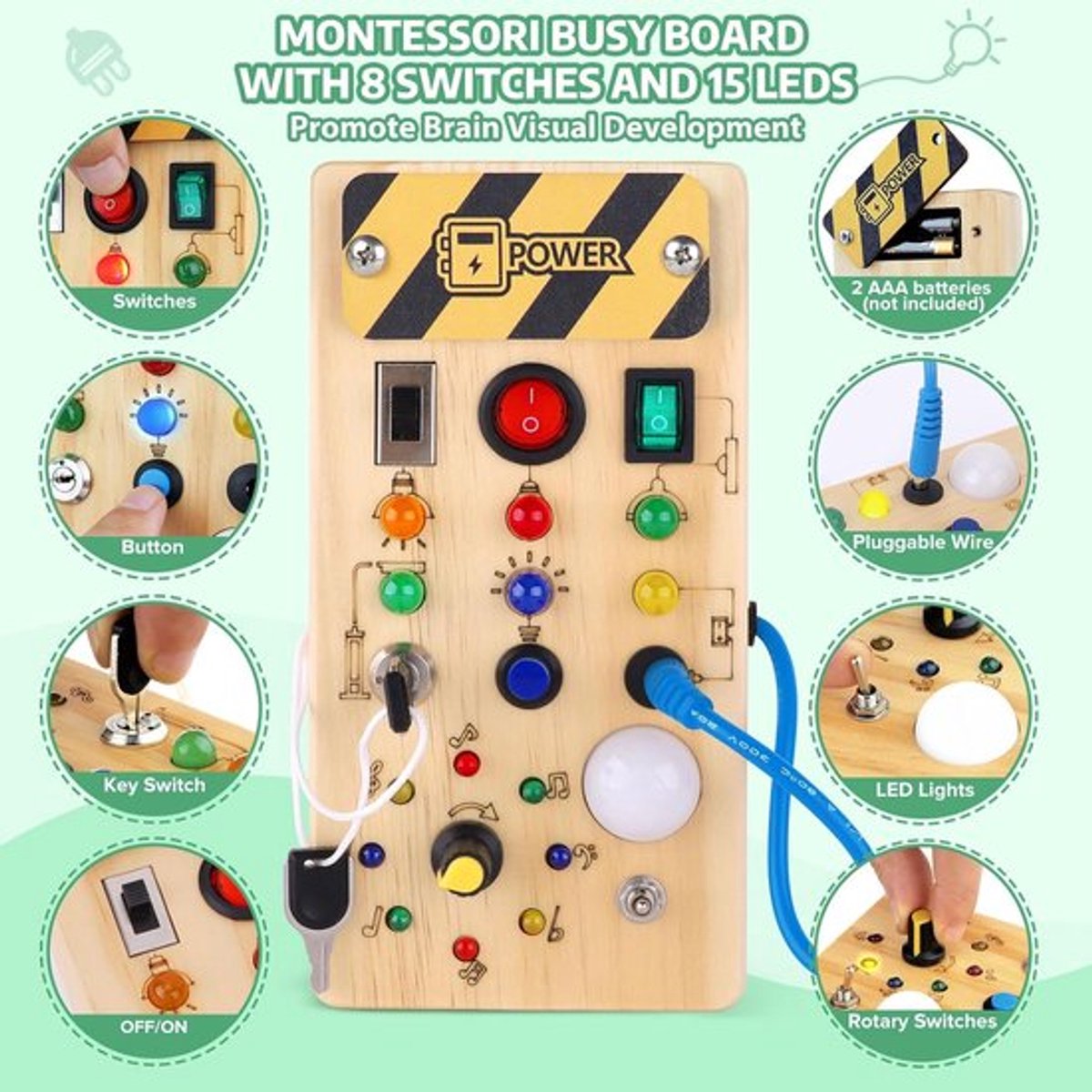 Montessori Busy Board met LED Lichtjes - Houten Activiteitenbord - Educatief Speelgoed 1 Jaar, 2 Jaar, 3 Jaar - Sensorisch Reisspeelgoed voor Peuters - Motoriek Speelgoed — afbeelding 3