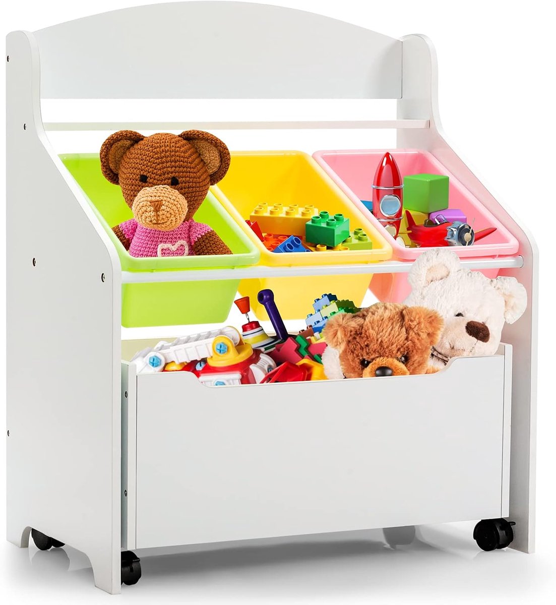 KOMFOTTEU Kinderrek met grote opbergruimte, 1 open legplank en 3 boxen en kisten op wielen, spiegelgereedschap van hout + kunststof, opbergrek voor kinderkamer, kleuterschool, speelkamer (wit)