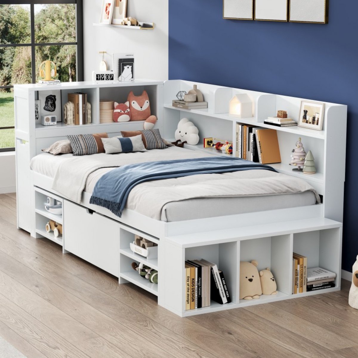 REDOM Kinderbed – 90x200 cm – Met lade, boekenkast & opbergkasten – Multiplex – Wit