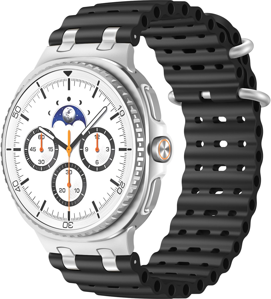 Stravo Ocean Mechanisch Siliconen Horlogebandje geschikt voor Samsung Galaxy Watch 9 (40/44mm) / Watch 8 (40/44mm) / 8 Classic (46mm) – Ademend Ocean-stijl siliconen bandje (Zilver / zwart)