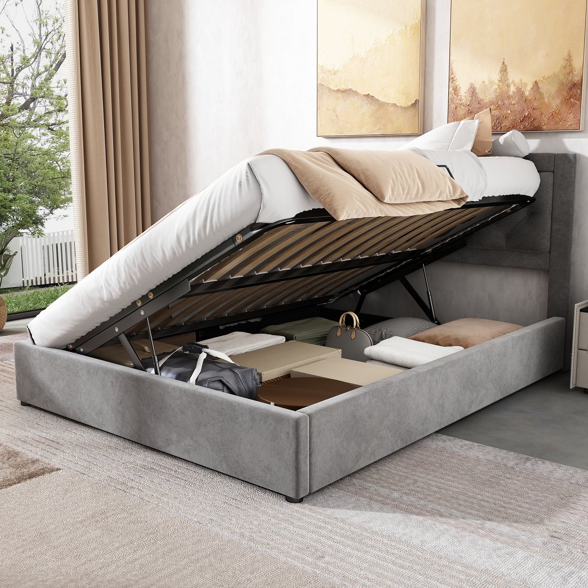 MIVRAY Gestoffeerd Bed 140x200 cm - Bed Met Opbergruimte Links Of Rechts - Hoofdbord Met Ruitpatroon - Fluweel - Grijs - Zonder matras
