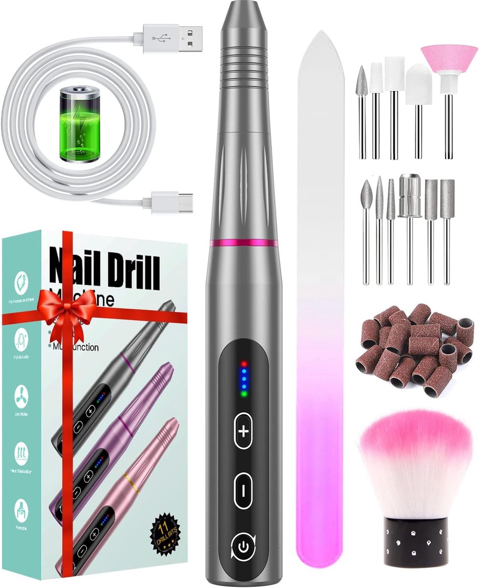 Elektrische Nagelvijl Draadloze, voor Acryl-, Gel- en Natuurlijke Nagels, Elektrische Nagelfrees USB-oplaadbaar, 20.000 RPM 5 Snelheden Instelbaar, Nagelboor voor Beginners en Professionele