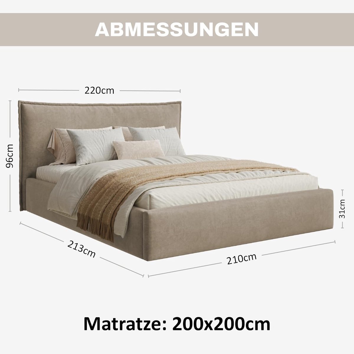 Gestoffeerd Bed 200x200 cm met Opbergruimte & Bedlade – Fluwelen Tweepersoons Bed met Hoofdbord en Lattenbodem – Beige – Pauwhome
