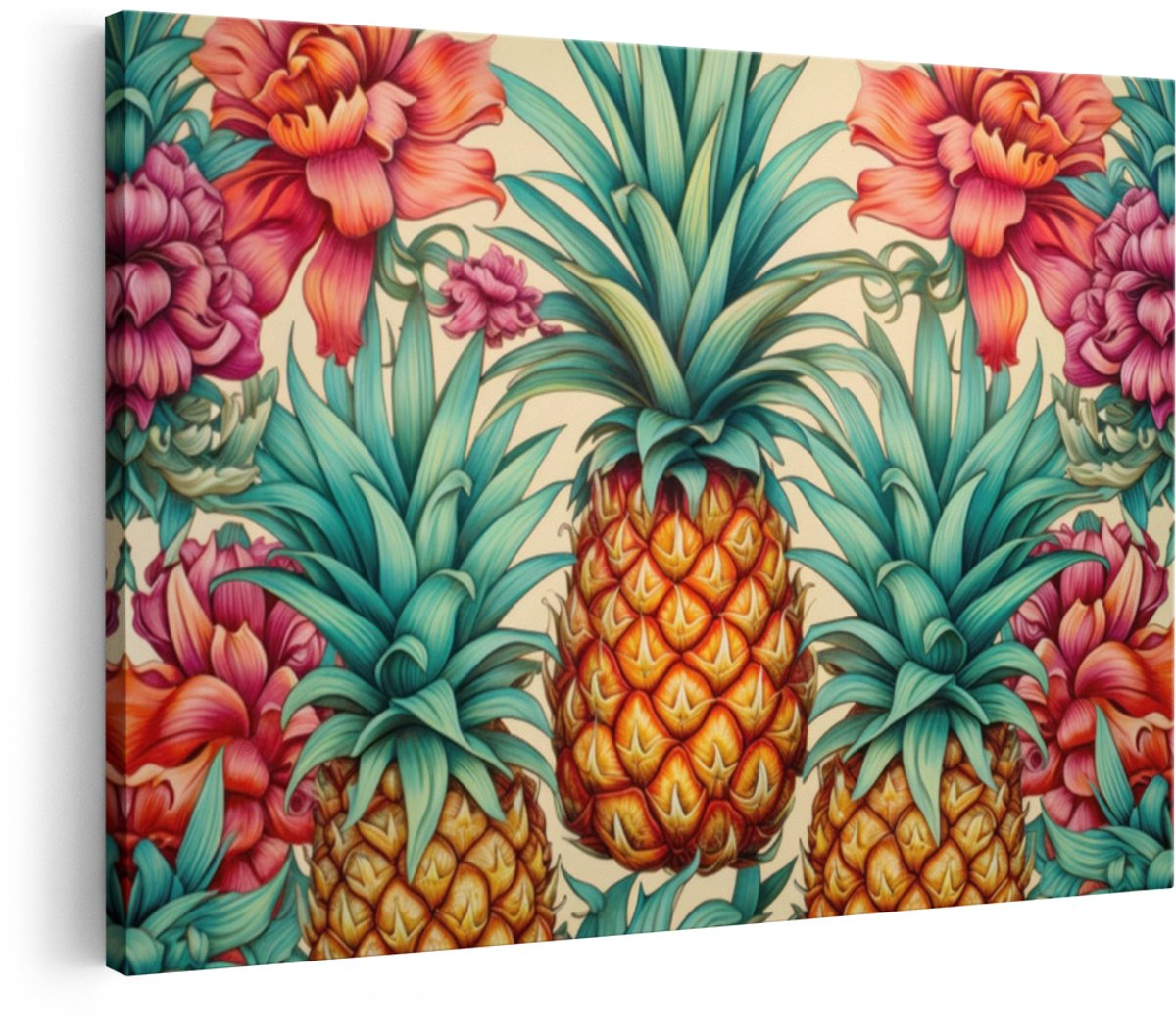Artaza Canvas Schilderij Bloemen - 30x20 cm - Wanddecoratie Ananas Tropisch - Muurdecoratie Vintage Boho - Schilderijen Op Canvas
