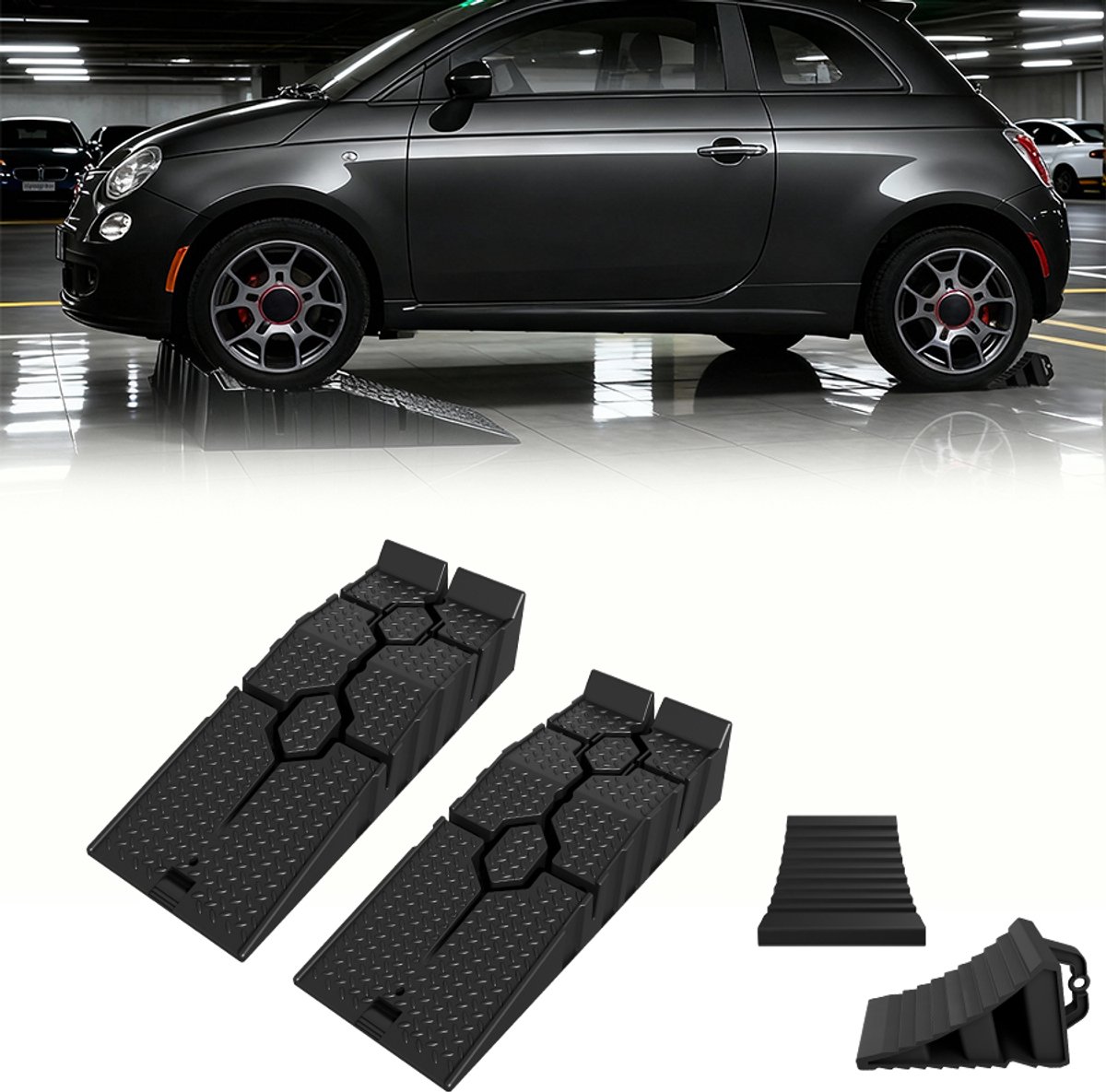 Aufun set van 2 oprijplaten voor auto’s – met 2 zwarte wielkegels – draagvermogen tot 5 ton – voor camper, aanhanger, garage, werkplaats, olieverversing en reparatie