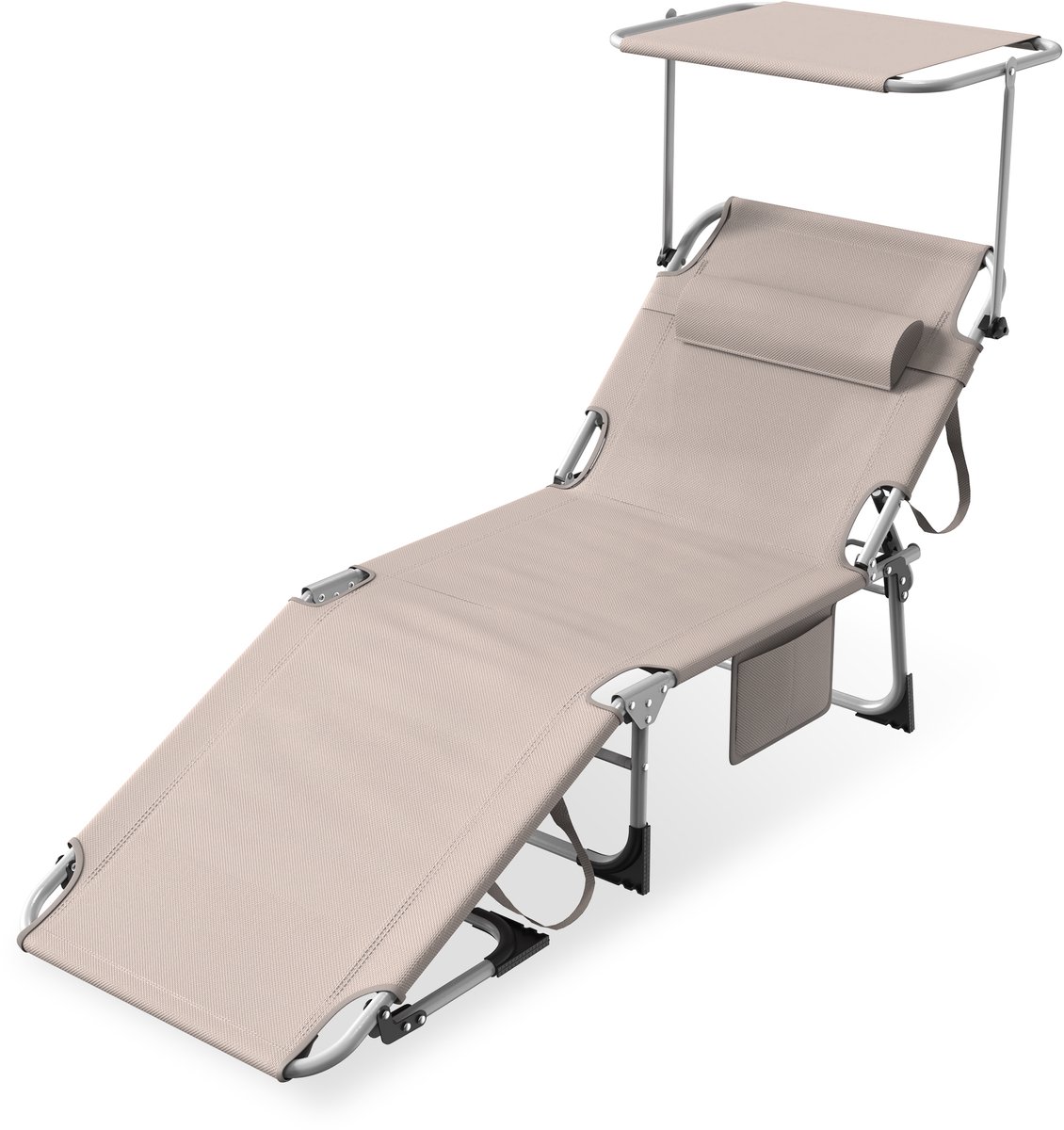 Aufun zonnebank / strandstoel – 195 x 68 cm – opvouwbaar – verstelbare rugleuning – met dak en zijvak – kaki
