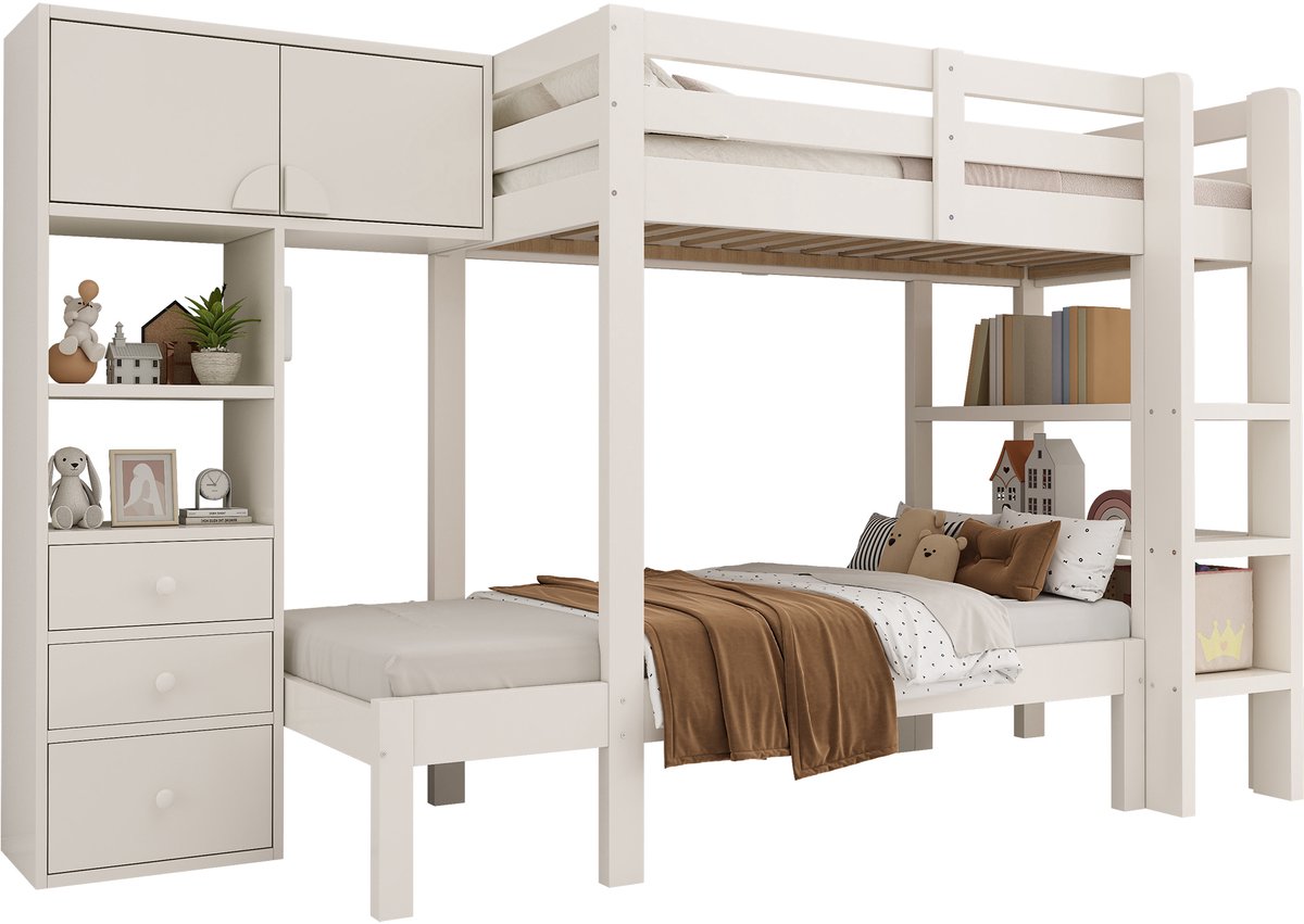 REDOM Gestoffeerd Bed – 90x200 cm – Cartoonvorm hoofdbord – Gasveer opbergruimte – Stof & metaal – Beige Wit